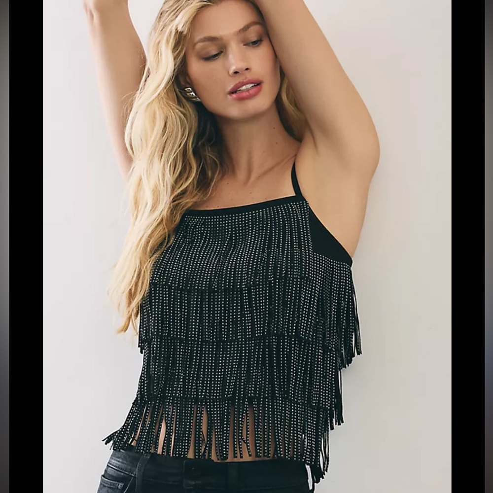 Anthropologie Black English Factory Faux-Leather Tiered-Fringe Tank Top